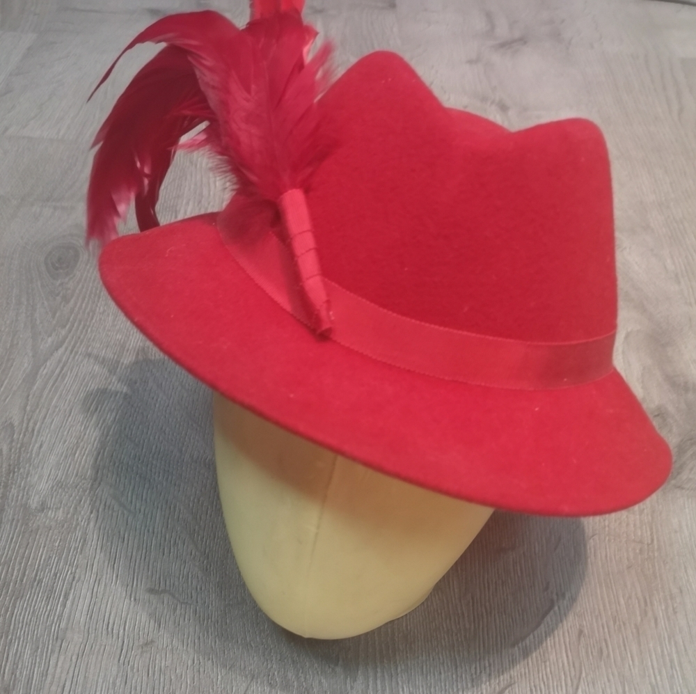 Y2K Pink & Red Vintage Felted Wool Ostrich Feathered Fedora Hat